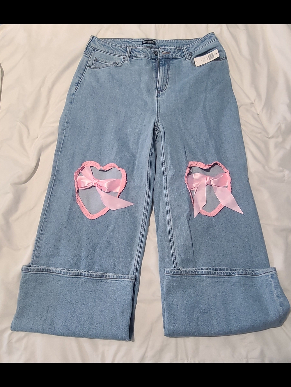 Hot Topic Light Blue Wide Leg Jeans with Pink Heart Cutouts